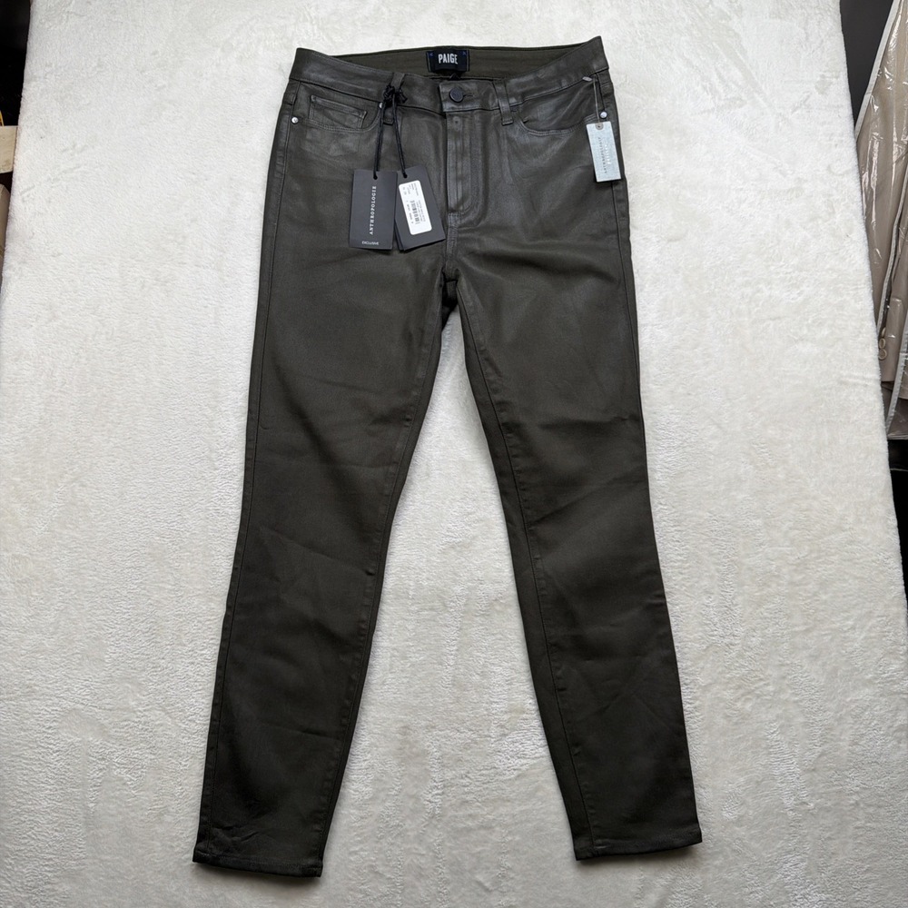 PAIGE Hoxton Ankle Faux Leather Pants Women's 29 Petite Olive Green NWT